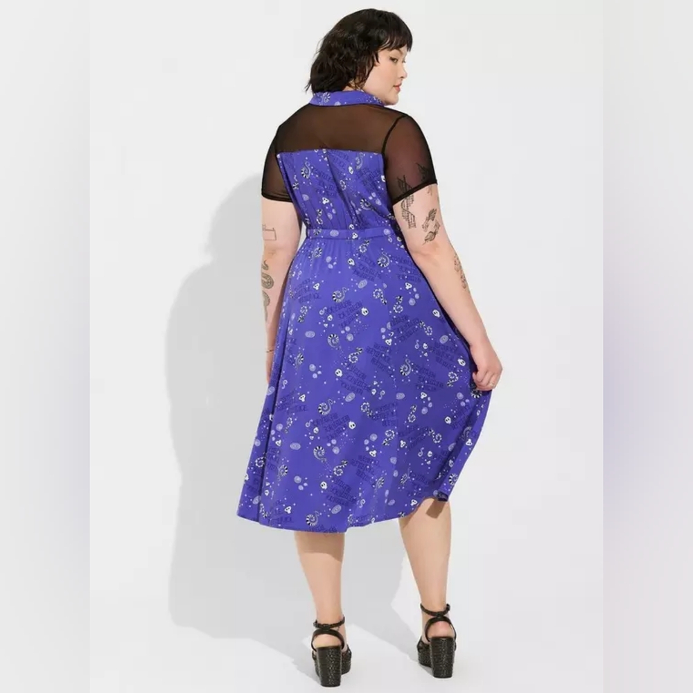 Torrid Warner Bros Beetlejuice Midi Challis Mesh Yoke Dress, Size 0 NWT - Picture 2 of 6
